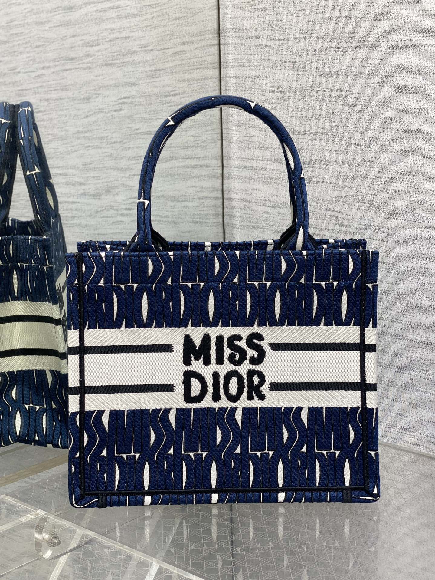 Small Dior Book Tote Bag Blue and White Miss Dior Allover Embroidery